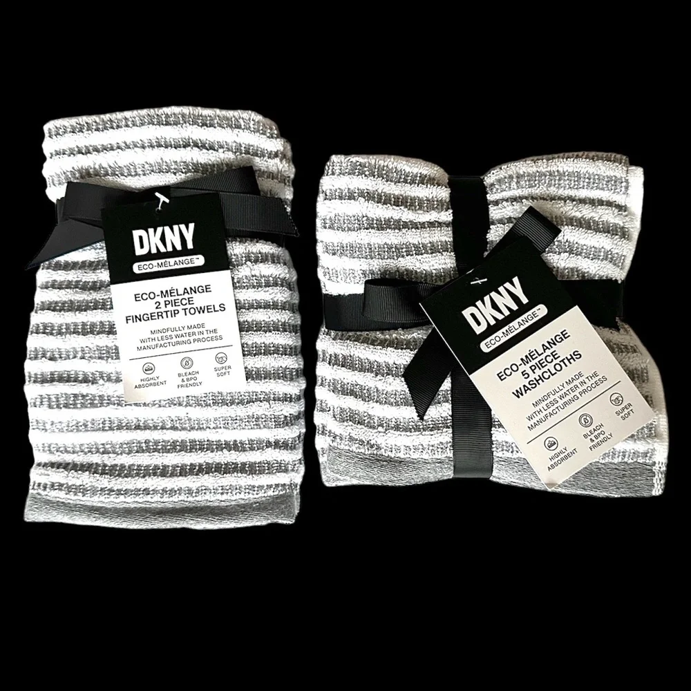 DKNY Eco-Melange 7 pc Towels Set Gray & White Stripes SUSTAINABLY MADE